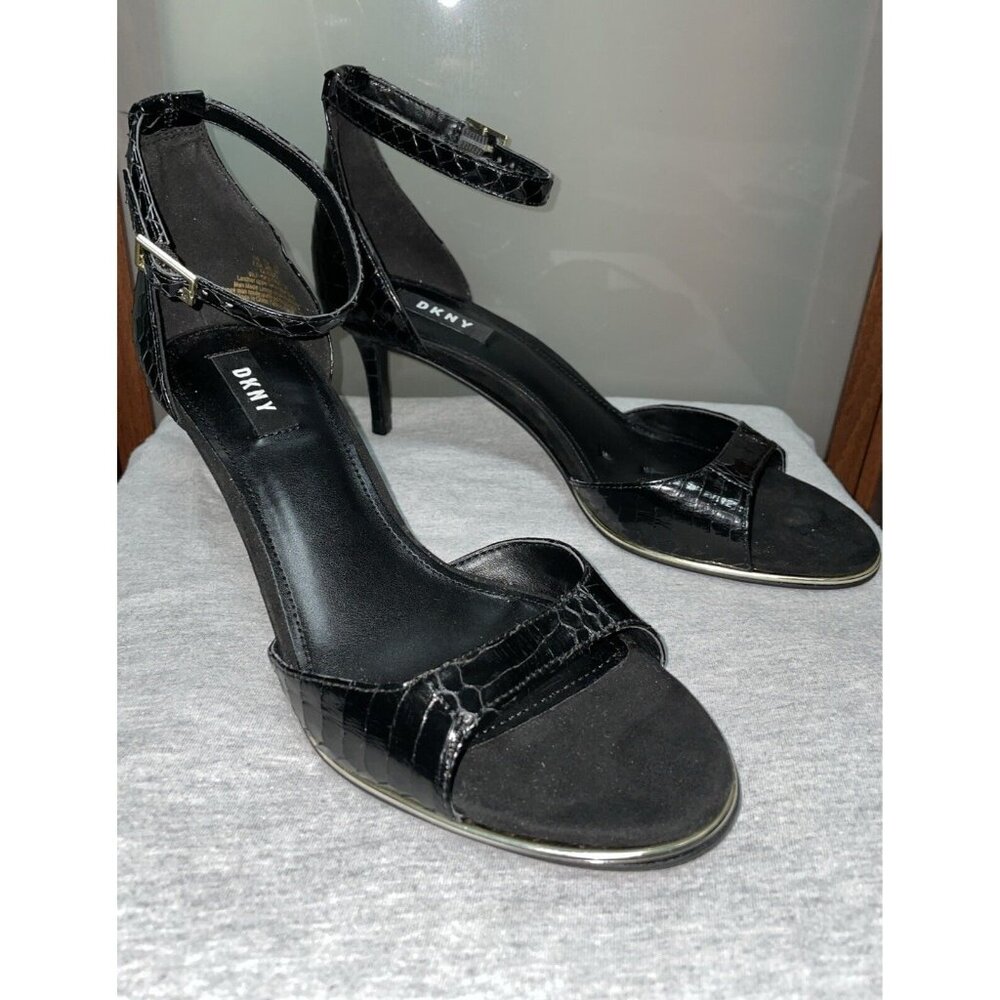 DKNY DONNA KARAN Black Snake Embossed Leather Ankle Strap Kitten Heels Sz 7.5 M